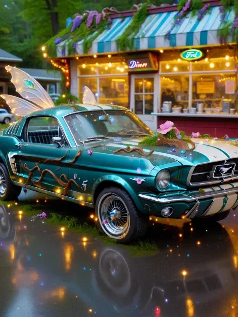 An ais-fairy classic Ford Mustang, outside a ais-fairy diner  <lora:Fairy_Style_SDXL:1>