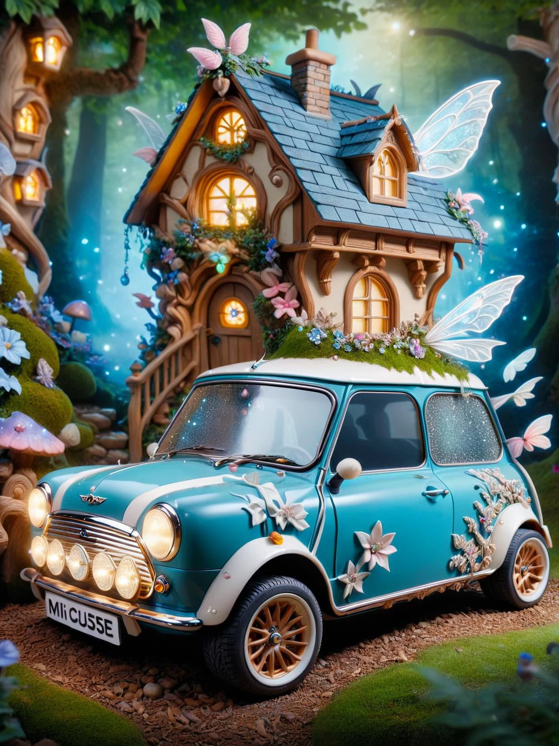 An ais-fairy classic mini, parked outside an ais-fairy house <lora:Fairy_Style_SDXL:1>