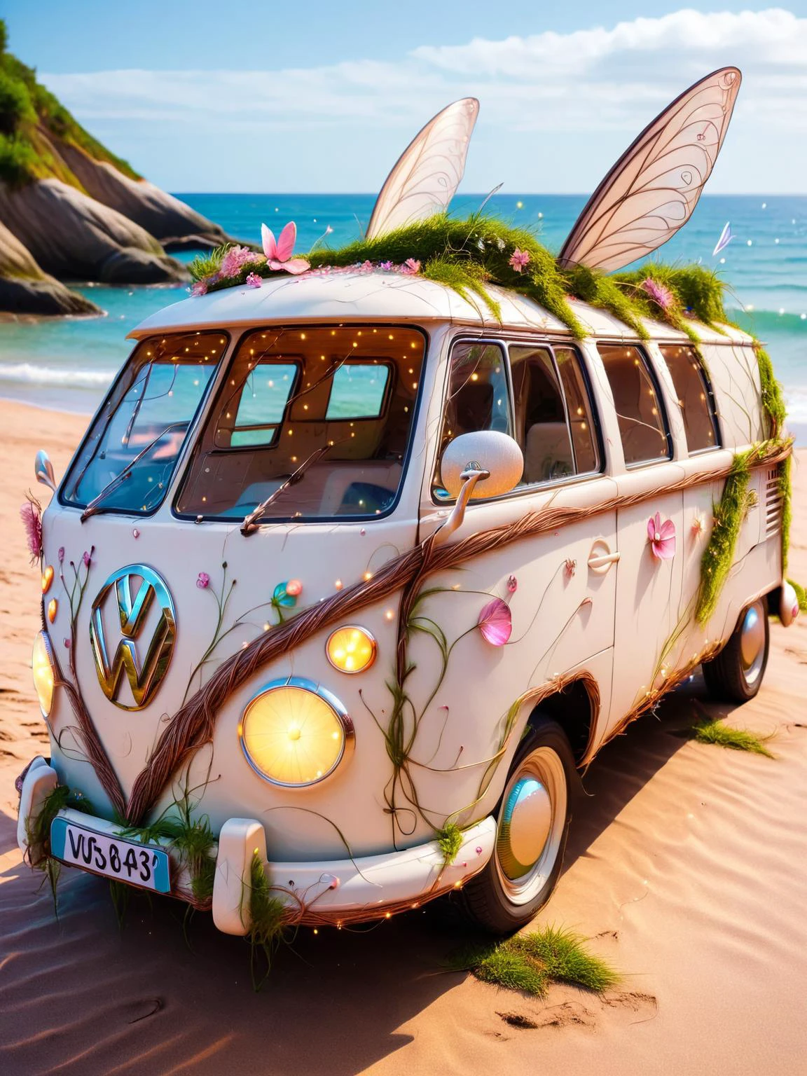 An ais-fairy VW campervan, parked on an ais-fairy beach <lora:Fairy_Style_SDXL:1>