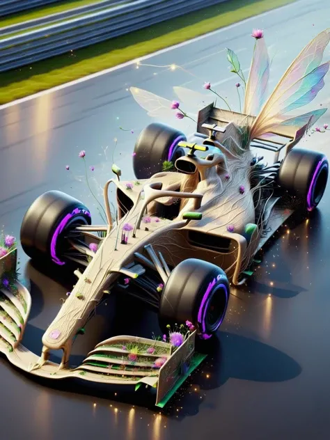 An ais-fairy F1 car, racing down the track <lora:Fairy_Style_SDXL:1>