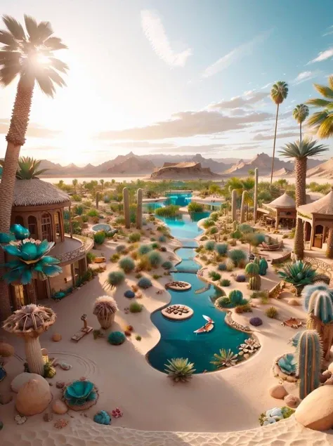 ais-fairiez desert oasis, a mirage of palm trees and a tranquil pond, under the heat of a setting sun <lora:Fairies_Style_SD1.5:1>