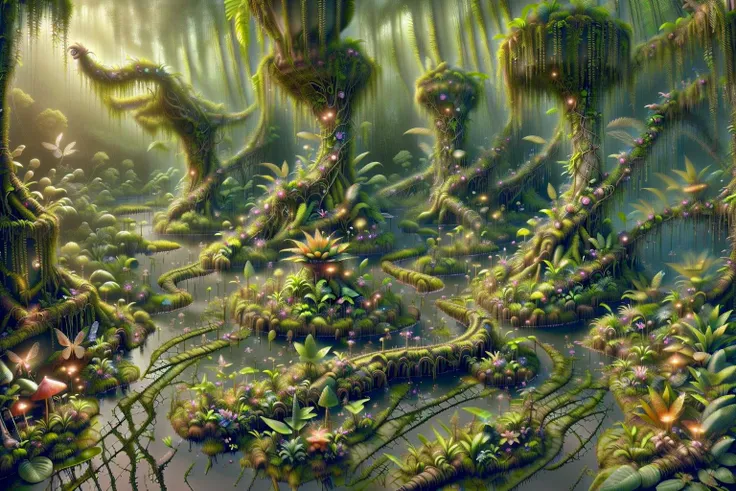 <lora:Fairies_Style_SD1.5:1> ais-fairiez tropical rain forest, swamp, vines, dragonflies