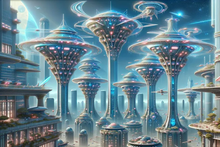 <lora:Fairies_Style_SD1.5:1> ais-fairiez science fiction city with flying spaceships, tall structures
