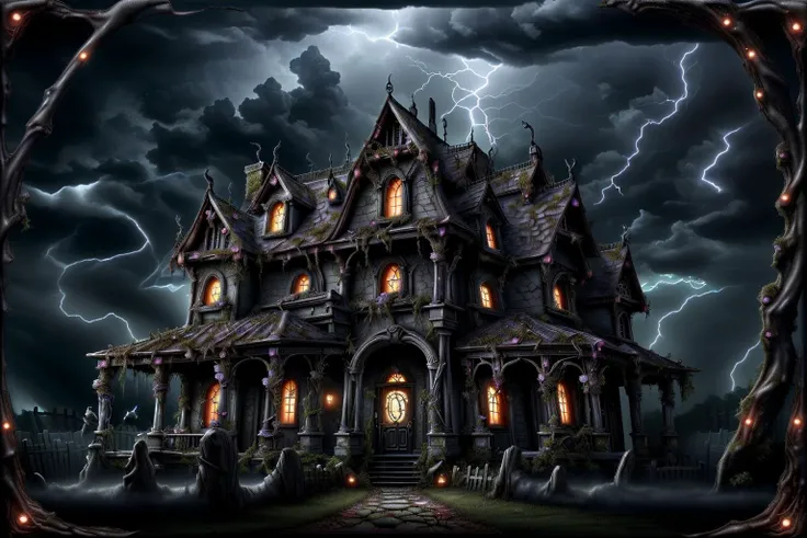 <lora:Fairies_Style_SD1.5:1> ais-fairiez haunted house with bats, dark scene, thunderstorm, lightning, at night