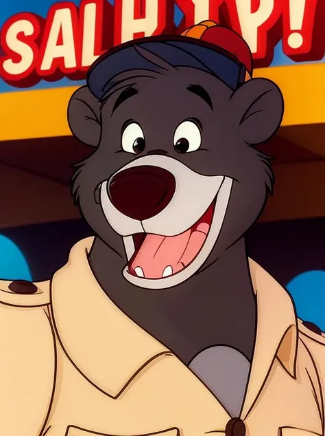<lora:TSBaloo4:0.7> 1boy, bear, black eyes, day, furry male, hat, male focus, open mouth, parody, red headwear, shirt, smile, solo, walking on the street <lora:add_sharpness:0.7>,, animal, illustration, flat, vector, detailed
