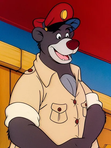 Anime style, 80s, <lora:TSBaloo4:0.8> 1boy, bear, black eyes, day, furry male, hat, male focus, open mouth, parody, red headwear, shirt, smile, solo, walking on the street <lora:add_sharpness:0.7>, japanese vintage, vector, t-shirt design, no background, Sketch, Manga Sketch, Pencil drawing, Black and White, Manga, Manga style, Low detail, Line art, vector art, Monochromatic, by katsuhiro otomo and masamune shirow and studio ghilibi and yukito kishiro