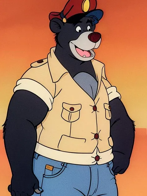 Anime style, 80s, <lora:TSBaloo4:0.8> 1boy, bear, black eyes, day, furry male, hat, male focus, open mouth, parody, red headwear, shirt, smile, solo, walking on the street <lora:add_sharpness:0.7>, japanese vintage, vector, t-shirt design, no background, Sketch, Manga Sketch, Pencil drawing, Black and White, Manga, Manga style, Low detail, Line art, vector art, Monochromatic, by katsuhiro otomo and masamune shirow and studio ghilibi and yukito kishiro