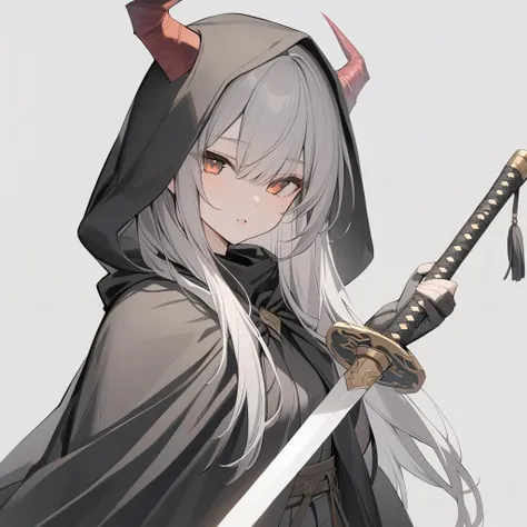 masterpiece,best quality,solo,bangs,1girl, solo, unsheathing, weapon, holding, sword, long_hair, holding_weapon, horns, holding_sword, black_cloak, cloak, brown_eyes, hood, grey_background, hair_between_eyes, simple_background, upper_body, looking_at_viewer, hooded_cloak, sheath, parted_lips, grey_hair, bangs, hood_up