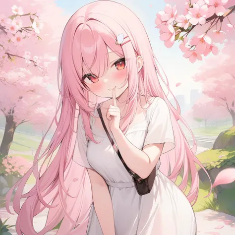 masterpiece,best quality,1girl, solo, long_hair, pink_hair, very_long_hair, bangs, outdoors, dress, finger_to_mouth, hair_ornament, white_dress, smile, hair_between_eyes, looking_at_viewer, short_sleeves, blush, closed_mouth, pink_flower, flower, hairclip, day, red_eyes, standing, bag, shoulder_bag, hand_up, index_finger_raised, petals, between_legs, heart, cherry_blossoms