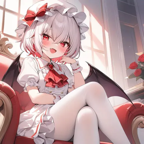 masterpiece,best quality,11girl, solo, remilia_scarlet, hat, wings, sitting, mob_cap, bat_wings, dress, red_eyes, red_ascot, wrist_cuffs, short_sleeves, smile, ascot, puffy_sleeves, crossed_legs, fang, short_hair, open_mouth, collared_dress, puffy_short_sleeves, looking_at_viewer, bangs, blush, hair_between_eyes, white_headwear, jewelry, white_dress, chair, pantyhose, frills, hat_ribbon, white_pantyhose, eyes_visible_through_hair, ribbon, red_ribbon, hand_up