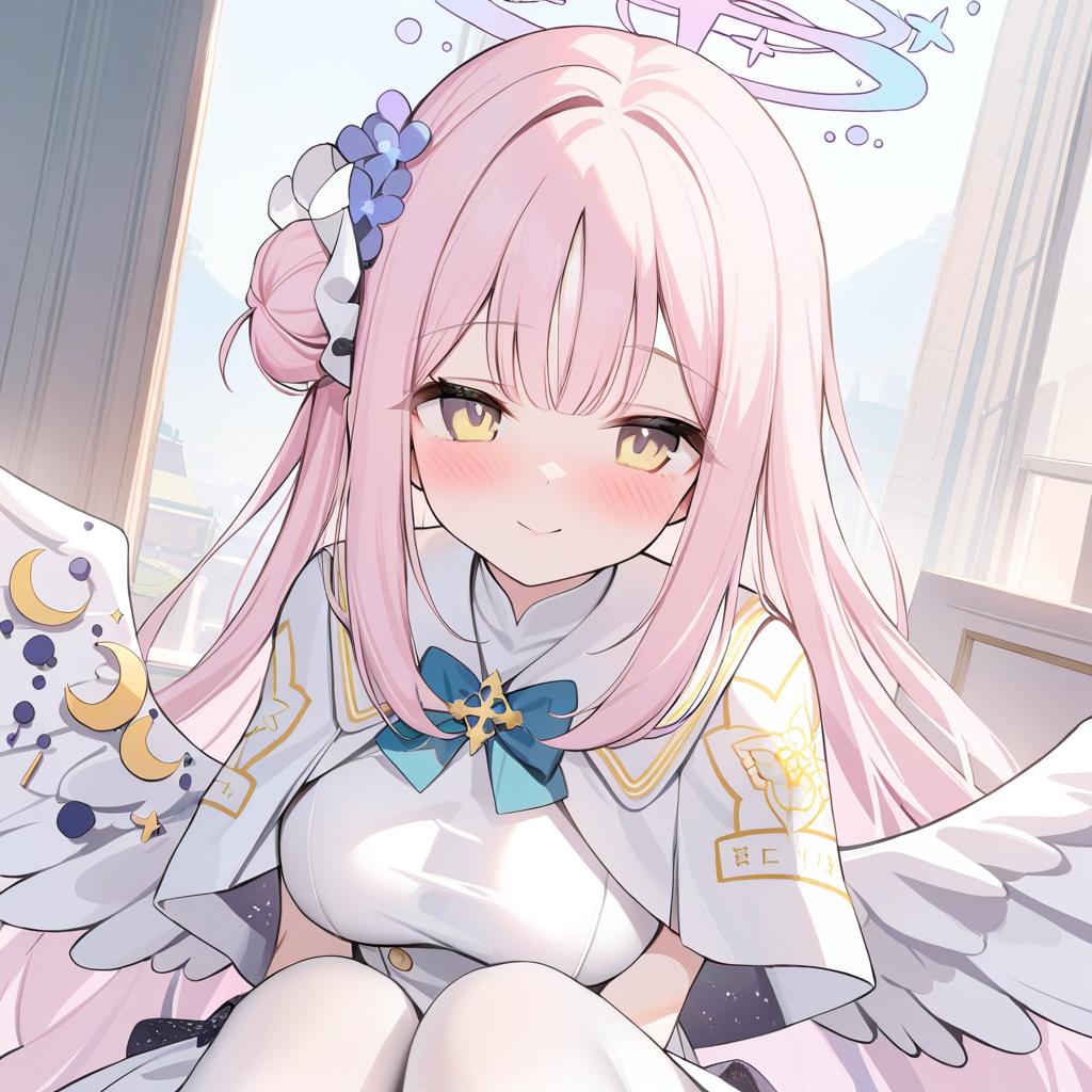 Anime girl with pink hair and angel wings sitting on a bed - SeaArt AI