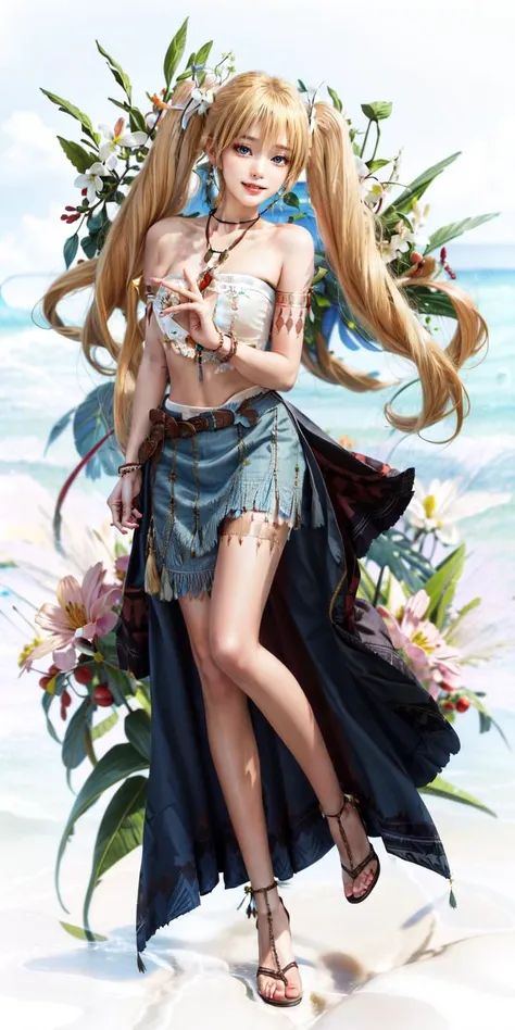 best quality,masterpiece, ultra high res,(photorealistic:1.4),
1girl, solo, blue eyes, beautiful eyes, smile, blonde hair, (twintails:1.2), orange cape,bare shoulders, arm belt, smile, white white skirt, cleavage, bright light rays, glowing, (detailed hands, 5fingers:1.2), holding a flower, 
<lora:LostArk Nia:0.9>,  <lora:add_detail:0.8>,