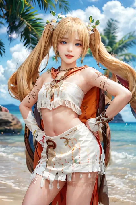best quality,masterpiece, ultra high res,(photorealistic:1.4),1girl,upper body,victory pose,solo,blue eyes,beautiful eyes,smile,blonde hair,twintails,orange cape,bare shoulders,arm belt,smile,white white skirt,<lora:LostArk Nia-000010:1> <lora:add_detail:1>