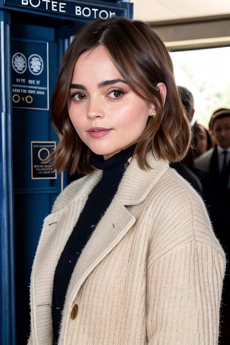 RAW photo, a photo of jencoleman86 with sweater and strange coat, standing near a TARDIS, (high detailed skin:1.2), 8k uhd, dslr, soft lighting, high quality, film grain, Fujifilm XT3