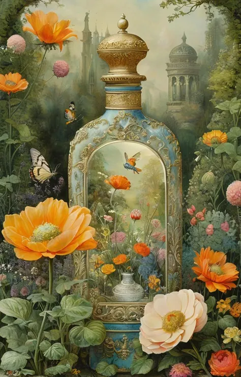 masterpiece,best quality,<lora:tbh357-sdxl:0.6>,illustration,style of Daniel Merriam A bottle of perfume in garden