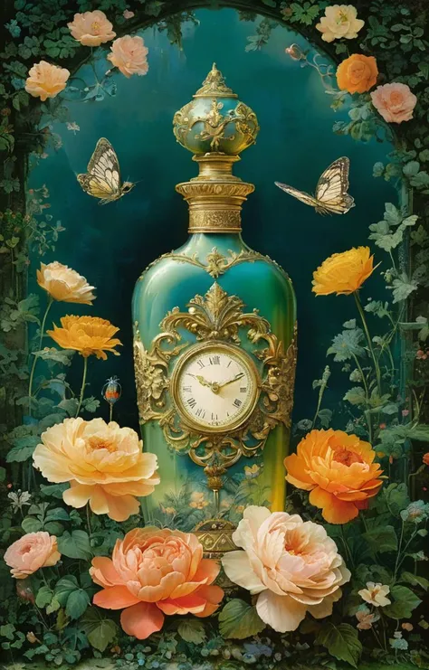 masterpiece,best quality,<lora:tbh357-sdxl:0.6>,illustration,style of Daniel Merriam A bottle of perfume in garden