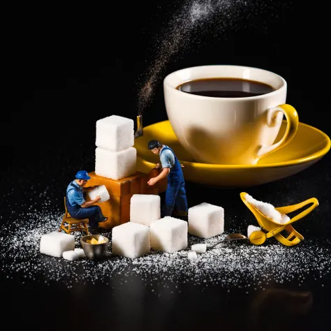 masterpiece, (realistic:1), (photorealistic:1), intricate detail, highly detailed, great textures, 8k, high detail, <lora:minihuman_SDXL_v2_loha-000019:0.7>, tiny people are working on sugar cubes, multiple boys, cup, black shirt, sitting, hat, pants, black hair, blurry, shirt, mug, chair, standing, coffee, black background, overalls, male focus, blue pants, (RAW photo, best quality, masterpiece:1.2), ultra high res, (photorealistic:1.4),