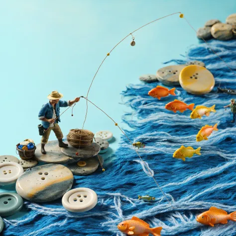 masterpiece, (realistic:1), (photorealistic:1), intricate detail, highly detailed, great textures, 8k, high detail, miniature, landscape,overview, <lora:minihuman_SDXL_v2_loha-000016:0.8>,a tiny fishermen cast lines into a blue denim sea, reeling in buttons as fish, miniature, fishermen, casting lines, denim sea, buttons, fish, creative, whimsical, storytelling, scene construction, imaginative scale