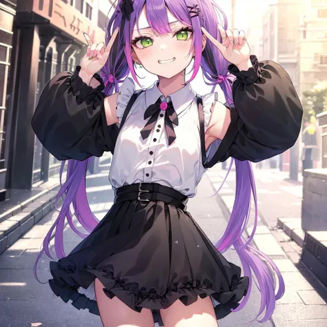 Standing,masterpiece, best quality, Flat, <lora:Tokoyami Towa:0.7>, purple hair, multicolor hair, white top, black skirt, long hair, twin tails, Green eyes, Pink hair,street,happy,dynamic pose,doyagao,smug face,selfie,camera,peace sign