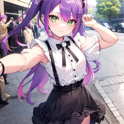 Standing,masterpiece, best quality, Flat, <lora:Tokoyami Towa:0.7>, purple hair, multicolor hair, white top, black skirt, long hair, twin tails, Green eyes, Pink hair,street,happy,selfie,camera