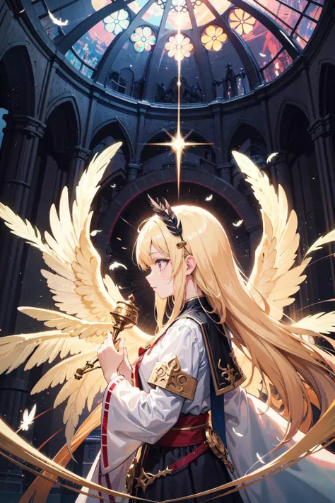 absurdres, highres, (official art, beautiful and aesthetic:1.2), ultra detail, side view,
beautiful person,  long hair, blond hair, saintly woman,
sacred garment, seraph, seraph six wing,
cathedral, kaleidoscope,
light effects, divine effects, feather effects,