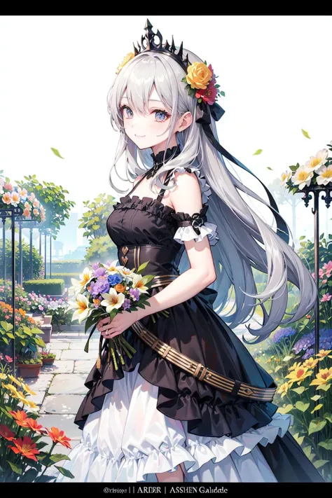 absurdres, highres, (official art, beautiful and aesthetic:1.2), (close view:1.2), Front composition, 
1girl, (long hair:1.2), gray hair, wavy hair, smile, 
(all over the flower garden:1.6), (Flower Effects:1.2), (Floral Background:1.2), (Background filled with flowers:1.4), (Flashy background:1.1),