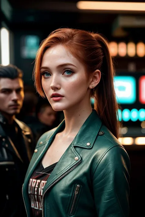 beautiful woman (EP4bbyGl0v3r:.99): a woman at a (dingy bar:1.1), perfect highponytail, wearing sexy turquoise (biker combi), (crowd of people in background:1.1), (tattoos), (face focus), modelshoot style, (extremely detailed CG unity 8k wallpaper), professional majestic (photography by Albert Bertelsen:1.1), 24mm, exposure blend, hdr, extremely intricate, High (Detail:1.1), dramatic, soft cinematic light, (looking at viewer), (detailed pupils), 4k textures, soft cinematic light, elegant, ((((cinematic look)))), soothing tones, insane details, hyperdetailed, ("In Jernau we trust!":1.1)