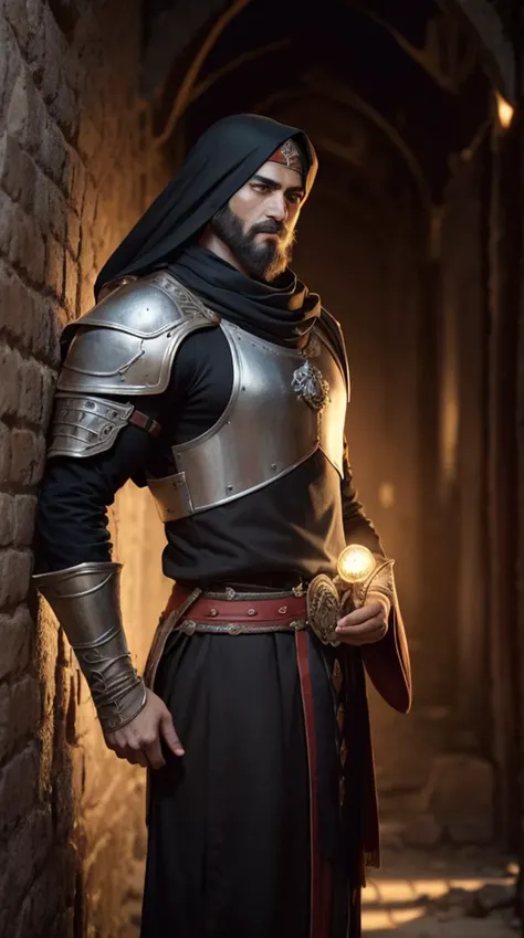 an awarded photo of 1 man Saladin: The Kurdish sultan, Saladin, has a dignified and noble bearing, with a well-groomed beard and intense eyes that reveal his wisdom and magnanimity. By jeremy mann, by sandra chevrier, by maciej kuciara, sharp, (perfect, body:1.1), realistic, real shadow, 3d, Subterranean City: A bustling metropolis built beneath the surface with glowing crystals and underground rivers. background, (by Michelangelo), (profesional lights:1.3) (profesional photography:1.3),character focu, boekh, deep of field, perfect character concept art, concept art of medieval rpg character,leaning against a wall with one hand on chin, ultradetailed intricated face, face details, perfect eyes, ideal body posture, anatomically correct hand, perfect anatomy, ideal limbs, ideal arms, ideal hands