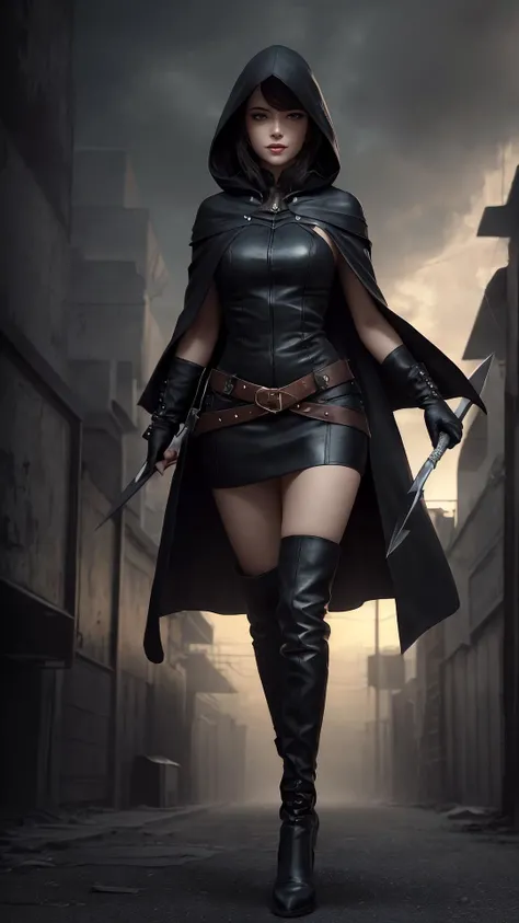 an awarded profesional photography of 1girl Aria Darkwood - A mysterious rogue clad in black leather and a hooded cloak, carrying twin, shadow-infused daggers. crazy smile, Posing with one leg lifted slightly off the ground, creating a sense of movement. in A dystopian city plagued by an eternal darkness, only lit by haunting crimson skies.,(epic scene:1.3),ultradetialed character with perfect face,detailed skin,(ultrasharp:1.3),(masterpiece:1.1),best quality,(photorealistic:1.2),ultrarealistic,realistic ultradetailed character,4k perfect quality, <lyco:GoodHands-beta2:1> by by Elliott Erwitt Footlight, full body shot Magnificent,Imperceptible detail,Intricately designed, (perfect quality face:1.5) hyper-detailed complex, insanely detailed, detailed clothes, detailed skin, detailed body, with Overcast: Completely covered skies with no visible sunlight, creating a gray, gloomy atmosphere.