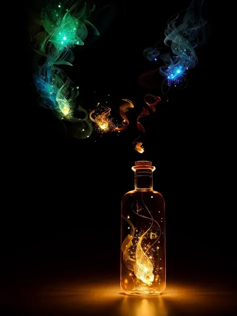 bottle with fireflies inside, (1bottle)++, spirits, magic, fantasy, ьн 3d, vivid colors, beautiful, masterpiece, highest quality, intricate details, 8k, hard shadows, volumetric lighting, sharp focus, ultra detailed, 4k, depth of field, unreal engine, octane render, glowing, caustics, luminescence, vibrant, insanely detailed, light particles, smokestyle <lora:smoke_model:0.5> <lora:more_details:0.35>