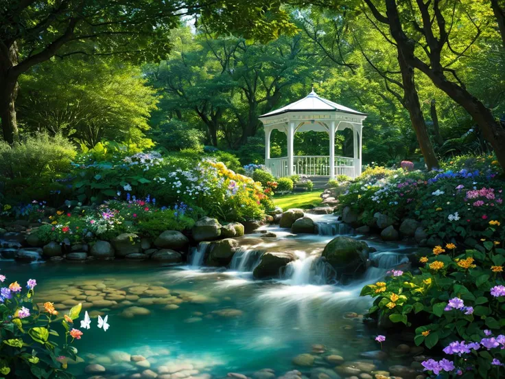 (white gazebo), shady flower garden, (creek), butterflies, birds, RAW photo, 64K, 32K, UHD, absurdres, Best resolution, hires textures, ultra-high resolution, (photoreal, photorealistic, hyperrealistic:1.3), realistic water, epic realistic, physically-realistic, Ultra-HD-photo-same-realistic, extremely high detailed, Ultra-HD-details, emphasized-details, Crisp Details, highest quality, masterpiece, high budget, beautiful, beautiful, elegant, captivating, epic composition, top-ranking, still, cinema still, analog film photo, Vibrant, rich emotive colors, ultra sharp focus, Fast Autofocus, Well-Defined Edges, Perfectly Crafted, Moody, HDR, Resplendent, Distinct Foreground and Background, Full Depth, Environment Occlusion, Transmittance, Light Attenuation, Environment Lighting, Real-Time GI Caching, Compositing, Color Grading, Glare Effects, Raymarching, very saturate colors, Ambient Lighting, accent lighting, God Rays, Full-Frame DSLR, White Balance Daylight, Kodak Ektachrome 100G