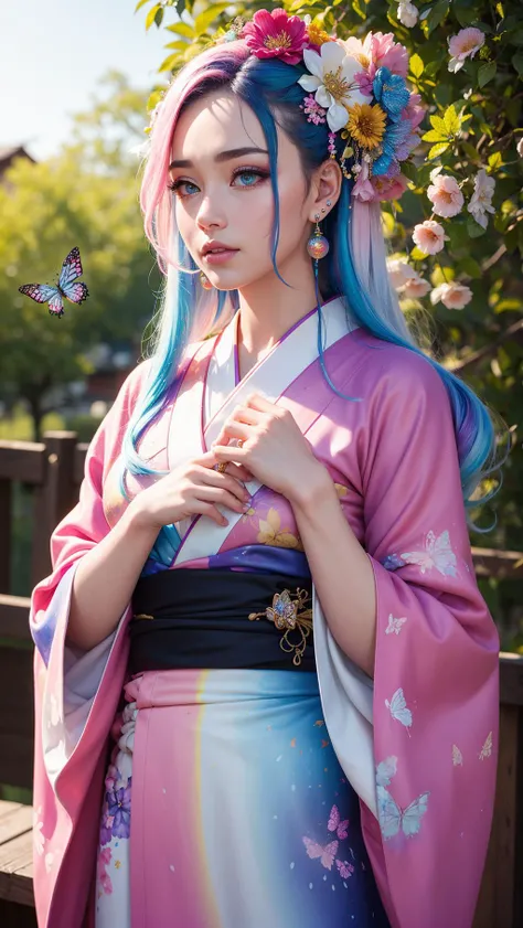 shukezouma, octane render, hdr, (hyperdetailed:1.15), (soft light, sharp:1.2), 1girl, beautiful girl, ultra detailed eyes, mature, plump, thick, rainbow painting drops, paint teardrops, woman made up from paint, entirely paint, splat, splash, long colored hair, kimono made from paint, ultra detailed texture kimono, rainbow paint kimono, paint bulb, paint drops, (hair ornaments, earrings, flowers hair ornaments, butterflies hair ornaments), outdoors, sakura trees,
