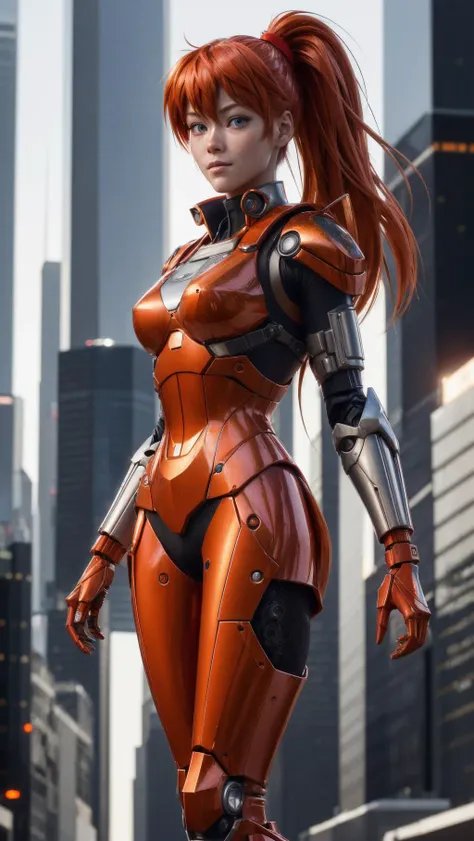 Photorealism, close up portrait, 35 years old, beautiful Asuka Langley Soryu cosplay, full sci-fi armor, full body suite, cyberpunk, metalic red, metalic red suite, cosplay, real life, photo, photorealism, 1girl, high detailed, walking in the city, skyscrapers, blurry background,