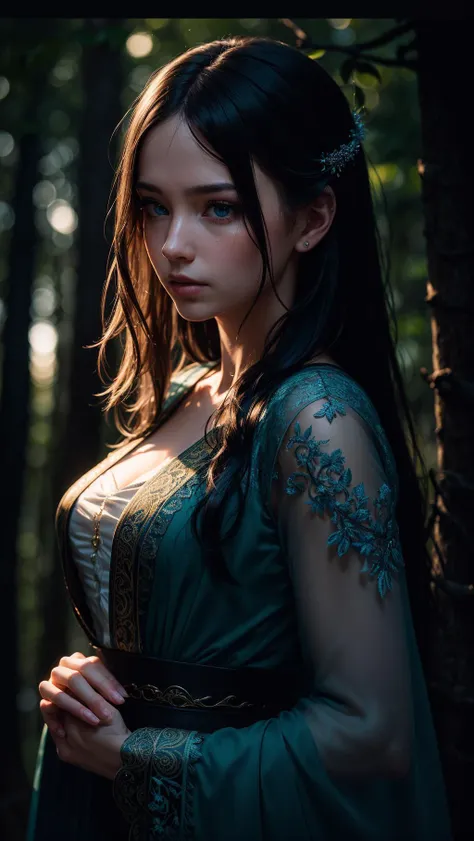 A woman in a green dress standing in the woods - SeaArt AI