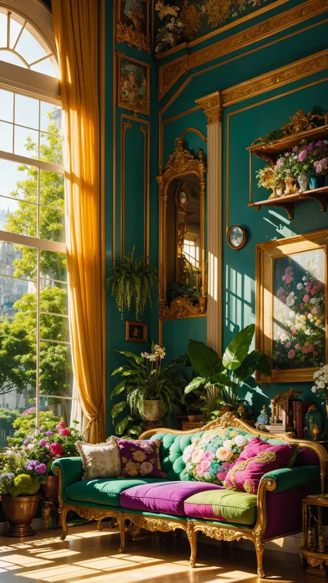 Architectural Digest photo of a maximalist green {vaporwave/steampunk/solarpunk} living room with lots of flowers and plants, golden light, hyperrealistic surrealism, award winning masterpiece with incredible details, epic stunning,