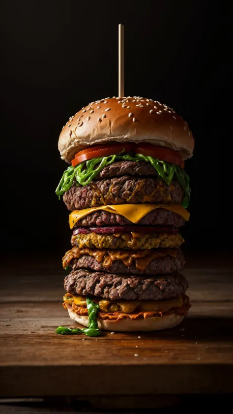 RAW, masterpiece, best quality, absurdres, horror art, dread, creepy, bloody, eerie, intricate, Sony a7 IV Mirrorless Camera, film grain, chromatic aberration, dimly lit, low key, two-tone lighting, ManyEyedHorrorAI, (nasty vile hamburger,worms, rotten beef:1.2)