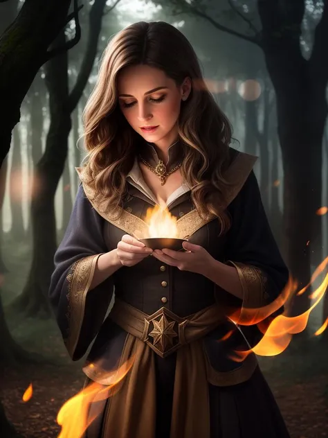 (Blurry background)++, sorceress in the magic flame, casting spell, very beautiful, max detail, hard shadows, 1woman, (mature woman)+++, magic forest on background, bokeh, RAW photo, photorealistic, highest quality, perfectionism, masterpiece, very beautiful, 4k uhd, vibrant, insanely detailed, surreal, divine, celestial, crystalline, volumetric lighting, caustics, light particles