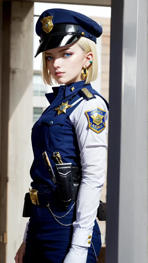 masterpiece, best quality, high quality, 1girl, solo, (((picture perfect))), (absurdres), android 18, blonde hair, blue eyes, jewelry, earrings, short hair, police uniform, police hat, <lora:OGT_Android_18-v1:1>
