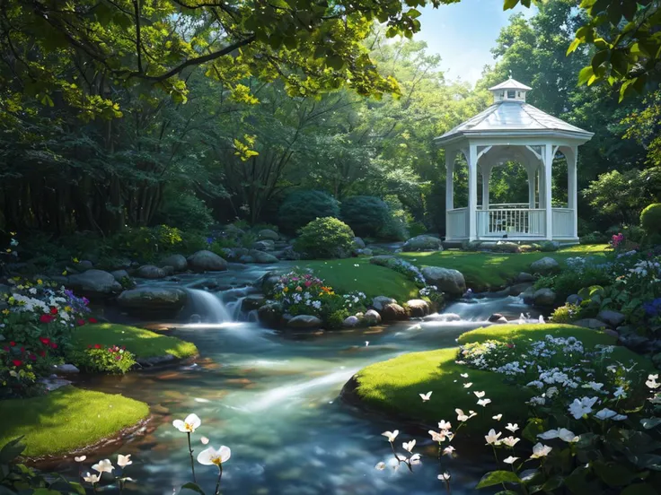 (white gazebo), shady flower garden, (creek), butterflies, birds, RAW photo, 64K, 32K, UHD, absurdres, Best resolution, hires textures, ultra-high resolution, (photoreal, photorealistic, hyperrealistic:1.3), realistic water, epic realistic, physically-realistic, Ultra-HD-photo-same-realistic, extremely high detailed, Ultra-HD-details, emphasized-details, Crisp Details, highest quality, masterpiece, high budget, beautiful, beautiful, elegant, captivating, epic composition, top-ranking, still, cinema still, analog film photo, Vibrant, rich emotive colors, ultra sharp focus, Fast Autofocus, Well-Defined Edges, Perfectly Crafted, Moody, HDR, Resplendent, Distinct Foreground and Background, Full Depth, Environment Occlusion, Transmittance, Light Attenuation, Environment Lighting, Real-Time GI Caching, Compositing, Color Grading, Glare Effects, Raymarching, very saturate colors, Ambient Lighting, accent lighting, God Rays, Full-Frame DSLR, White Balance Daylight,