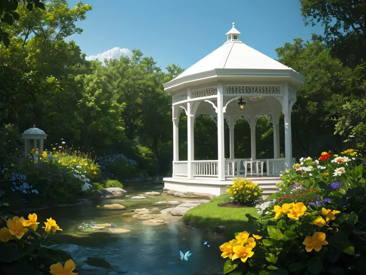 (white gazebo), shady flower garden, creek, butterflies, birds, RAW photo, 64K, 32K, UHD, absurdres, Best resolution, hires textures, ultra-high resolution, (photoreal, photorealistic, hyperrealistic:1.3), realistic water, epic realistic, physically-realistic, Ultra-HD-photo-same-realistic, extremely high detailed, Ultra-HD-details, emphasized-details, Crisp Details, highest quality, masterpiece, high budget, beautiful, beautiful, elegant, captivating, epic composition, top-ranking, still, cinema still, analog film photo, Vibrant, rich emotive colors, ultra sharp focus, Fast Autofocus, Well-Defined Edges, Perfectly Crafted, Moody, HDR, Resplendent, Distinct Foreground and Background, Full Depth, Environment Occlusion, Transmittance, Light Attenuation, Environment Lighting, Real-Time GI Caching, Compositing, Color Grading, Glare Effects, Raymarching, very saturate colors,