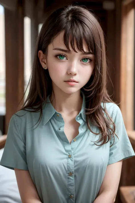 masterpiece, best quality, high quality, 1girl, solo, (((picture perfect))), (absurdres), brown hair, upper body, green eyes, shirt, looking at viewer, face focus,