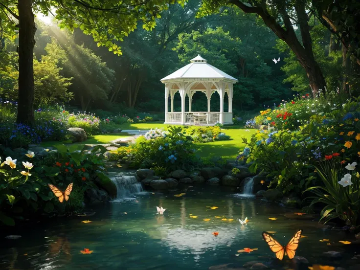 (white gazebo), shady flower garden, creek, butterflies, birds, RAW photo, 64K, 32K, UHD, absurdres, Best resolution, hires textures, ultra-high resolution, (photoreal, photorealistic, hyperrealistic:1.3), realistic water, epic realistic, physically-realistic, Ultra-HD-photo-same-realistic, extremely high detailed, Ultra-HD-details, emphasized-details, Crisp Details, highest quality, masterpiece, high budget, beautiful, beautiful, elegant, captivating, epic composition, top-ranking, still, cinema still, analog film photo, Vibrant, rich emotive colors, ultra sharp focus, Fast Autofocus, Well-Defined Edges, Perfectly Crafted, Moody, HDR, Resplendent, Distinct Foreground and Background, Full Depth, Environment Occlusion, Transmittance, Light Attenuation, Environment Lighting, Real-Time GI Caching, Compositing, Color Grading, Glare Effects, Raymarching, very saturate colors, Ambient Lighting, accent lighting, God Rays,