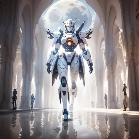 (8k,RAW photo, best quality, masterpiece:1.2),physically-based rendering,tyndall effect,surface reflection,looking at viewer, Eye Level, (Mecha:1.2),full body,solo,Wind,scientific discoveries,pastel colors,scifi,space,moon,planet, rainbow-candy, style-swirlmagic<lora:WhiteMarble:1>