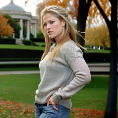 <lora:aliwesson_sdxl:1> aliwesson a woman wearing a sweater, hair blowing in the wind, jeans, outside, park , portrait, beautiful bone structure, (realistic, photo-realistic:1.37), ultra high res, ultra-detailed, incredibly beautiful girl, 8k uhd, dslr, soft lighting, high quality, film grain, Fujifilm XT3