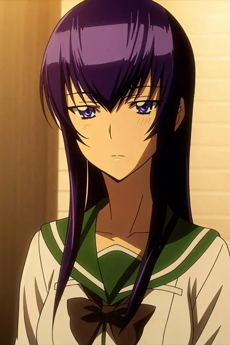 saeko, anime art style, 1girl, solo, long_hair, blue_eyes, school_uniform, purple_hair, serafuku,<lora:HighSchooloftheDead_girlpack_v1:0.75>
