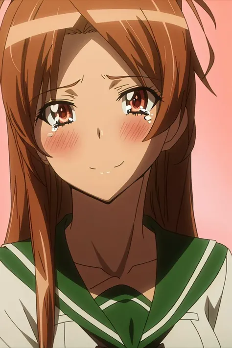 rei, anime art style, 1girl, solo, long_hair, blush, smile, brown_hair, brown_eyes, school_uniform, serafuku, tears, antenna_hair,<lora:HighSchooloftheDead_girlpack_v1:0.75>