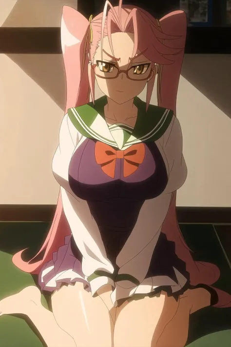 saya, anime art style, 1girl, solo, long_hair, breasts, twintails, pink_hair, frills, glasses, crossed_arms