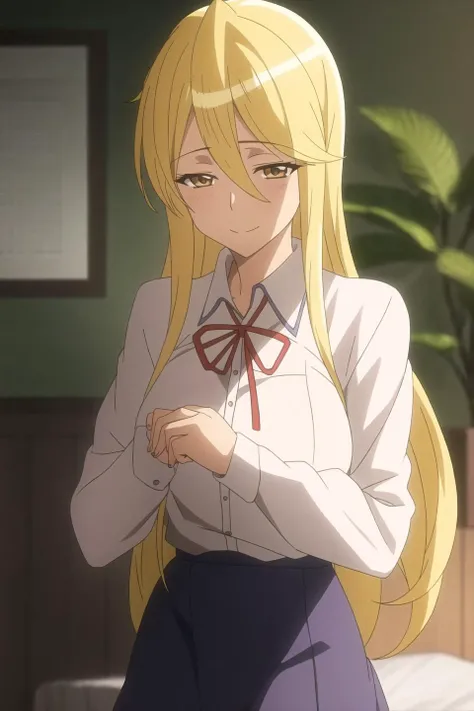 shizuka, anime art style, 1girl, solo, long_hair, looking_at_viewer, blush, smile, blonde_hair, shirt, ribbon, hair_between_eyes, brown_eyes, closed_mouth, school_uniform, yellow_eyes, white_shirt, collared_shirt, red_ribbon, neck_ribbon, portrait, anime_coloring
