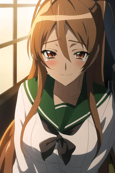 rei, anime art style, 1girl, solo, long_hair, blush, smile, brown_hair, brown_eyes, school_uniform, serafuku, tears, antenna_hair