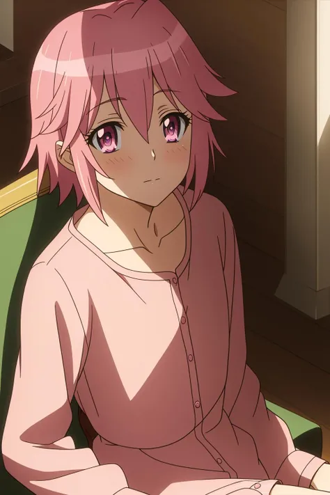 alice, 1girl, solo, short_hair, looking_at_viewer, blush, closed_mouth, bangs, shirt, long_sleeves, collarbone, sitting, pink_hair, pink_eyes, eyelashes, pink_shirt, anime_coloring